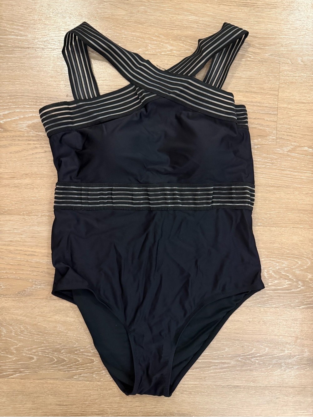 Women’s Black One-Piece Swimsuit with Striped Elastic Bands Size L